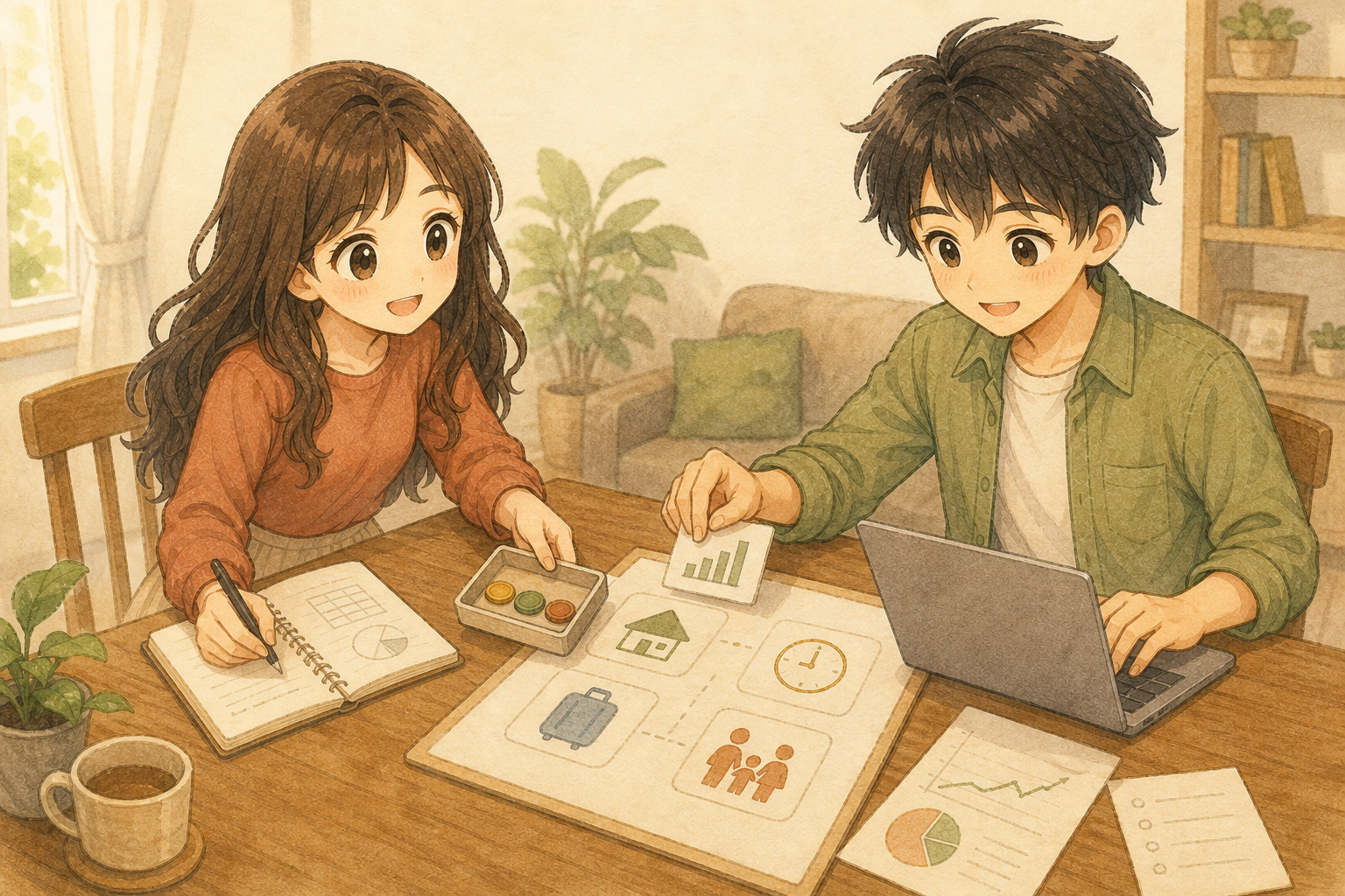 家計ノートを開くUと、パソコンで投資や仕事の仕組みを整理するKの水彩イラスト