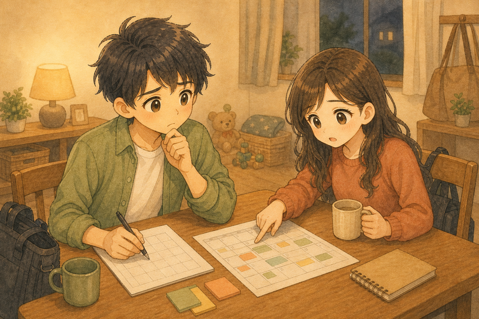 家族の予定表を前に、仕事と家庭の時間の重なりを考えるKとUの水彩イラスト