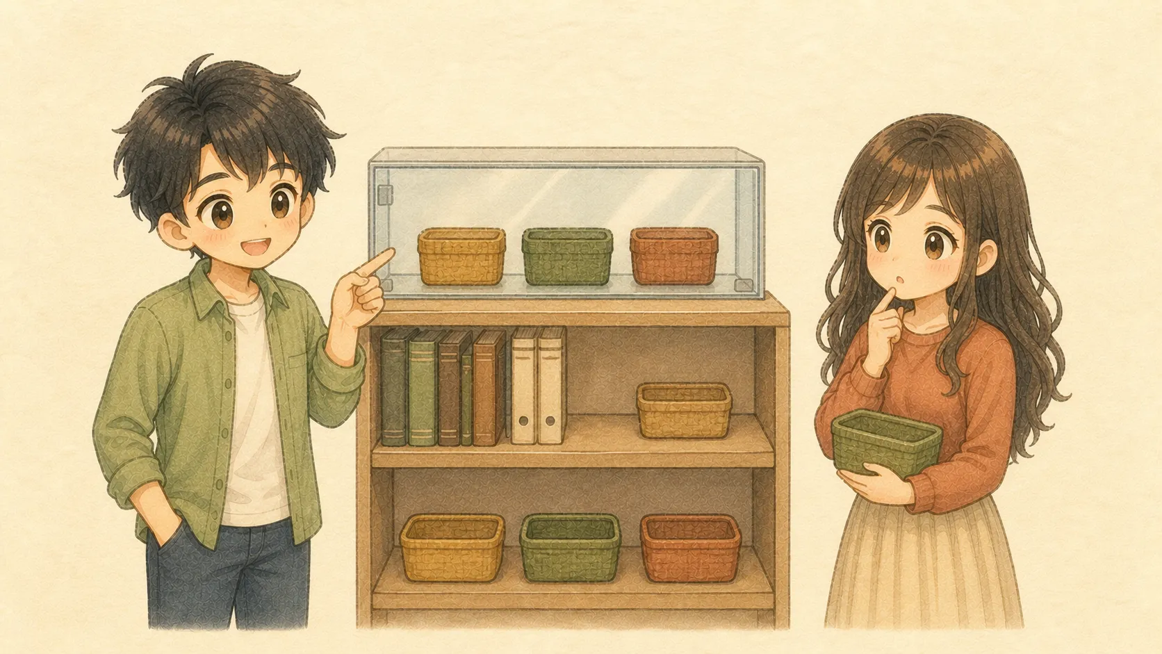 非課税の温室を示すKと、長期資金の苗を運ぶUの水彩イラスト