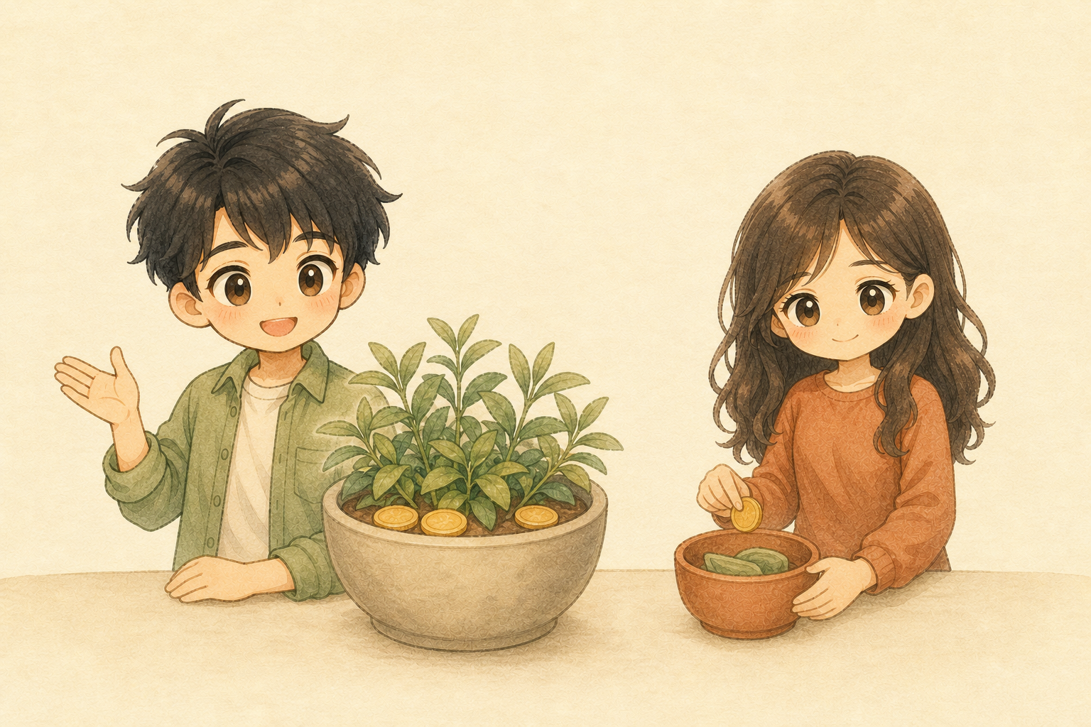 大きな運用資産の鉢と生活を守る現金の器を夫婦で確認する水彩イラスト