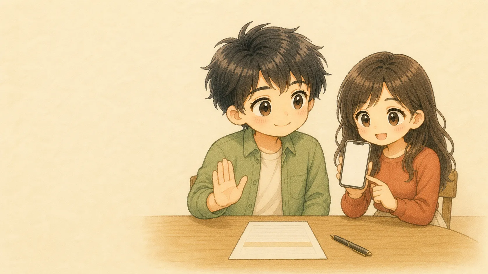 賃貸契約へ署名する前に見積もりについて丁寧に質問するKとUの水彩イラスト