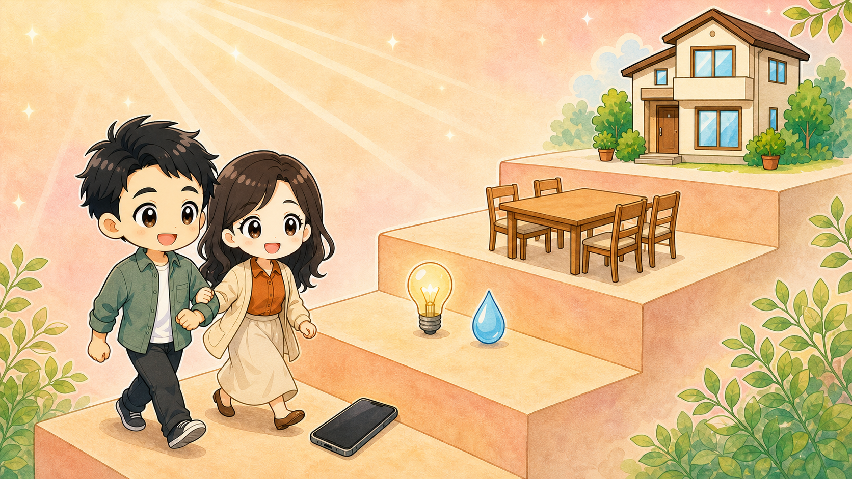 スマホ、電球と水滴、家族の食卓、家へ続く4段の階段を夫婦が上るイラスト