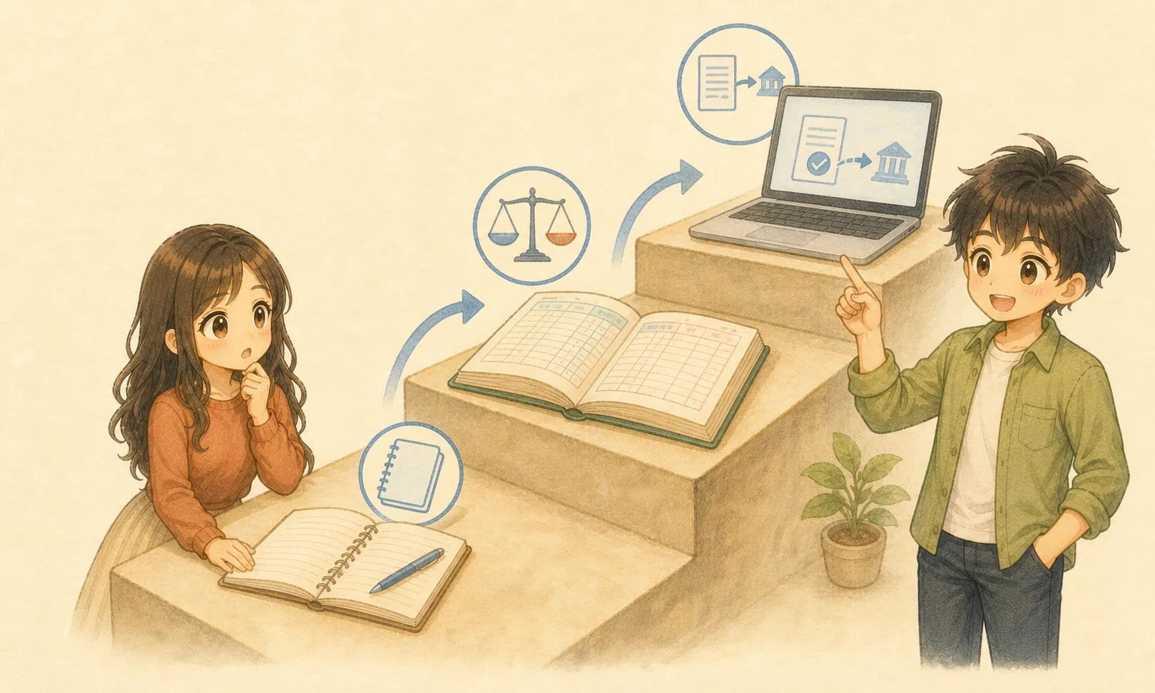 青色申告特別控除の三段階を確認するKとUの水彩イラスト