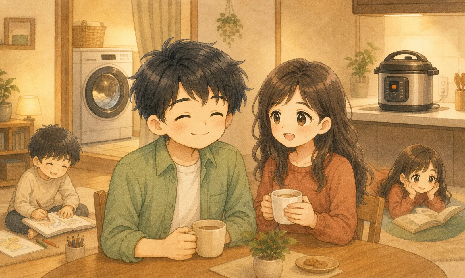 家事を時短家電に任せて家族との夕方を取り戻すKとUの水彩画