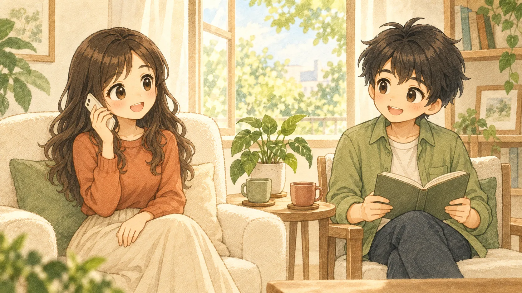 窓辺で自然に電話するUと、隣の椅子で本を読むK
