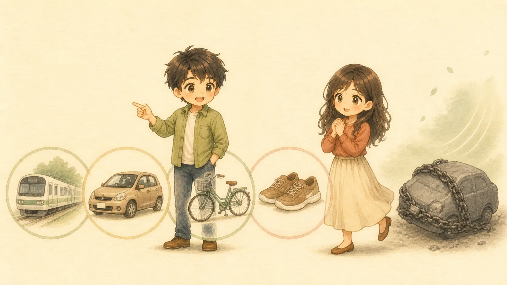 電車、カーシェア、自転車、徒歩を選択肢として並べるKとU