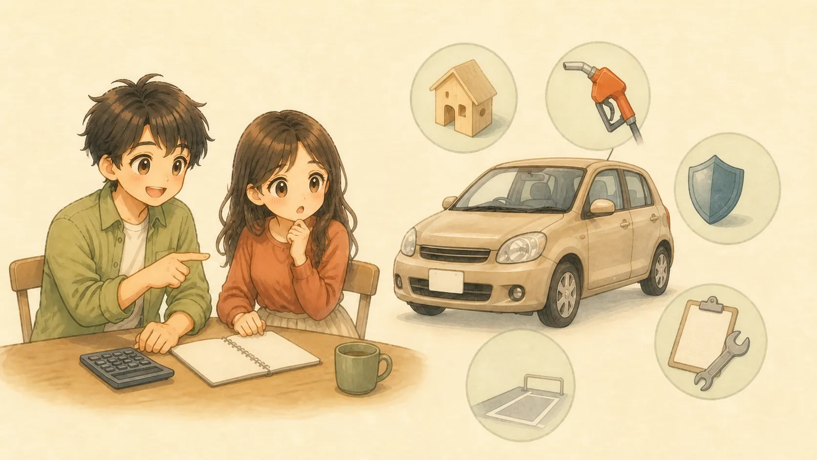 購入費、燃料、保険、駐車場、税金と車検が積み重なる様子を見るKとU