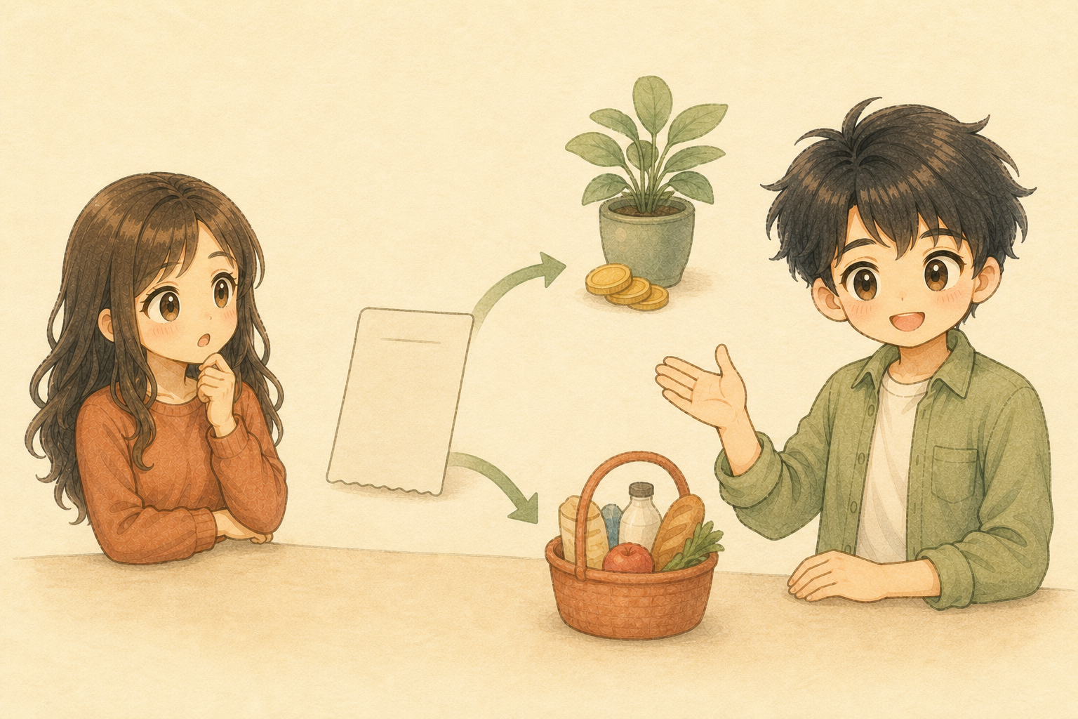 カード明細を投信積立と消費支出の二つへ分けて確認する夫婦の水彩イラスト