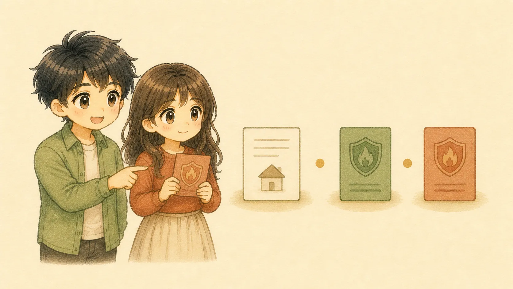 契約書を確認してから火災保険を切り替えるKとUの水彩イラスト