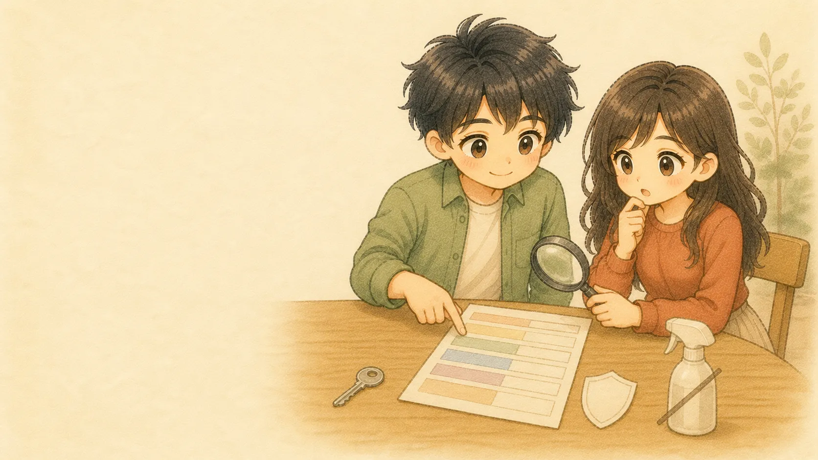 賃貸契約の見積書を虫眼鏡で一項目ずつ確認するKとUの水彩イラスト