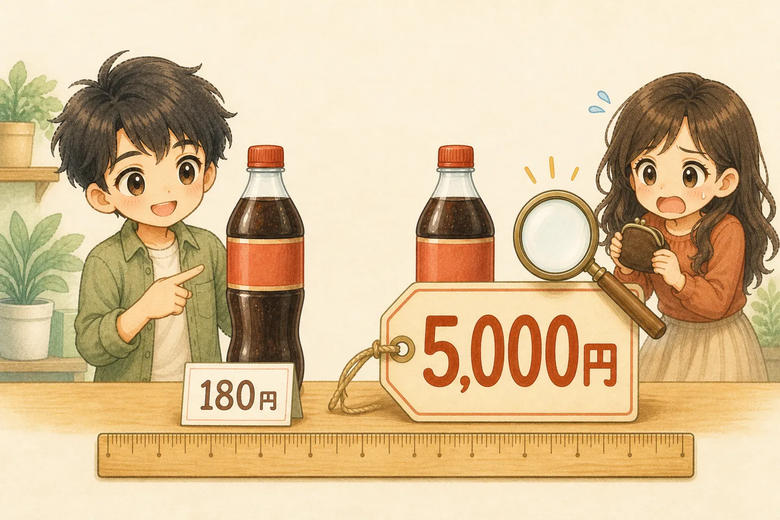 180円と5,000円のコーラを比べ、驚くUと相場を示すKの水彩図解