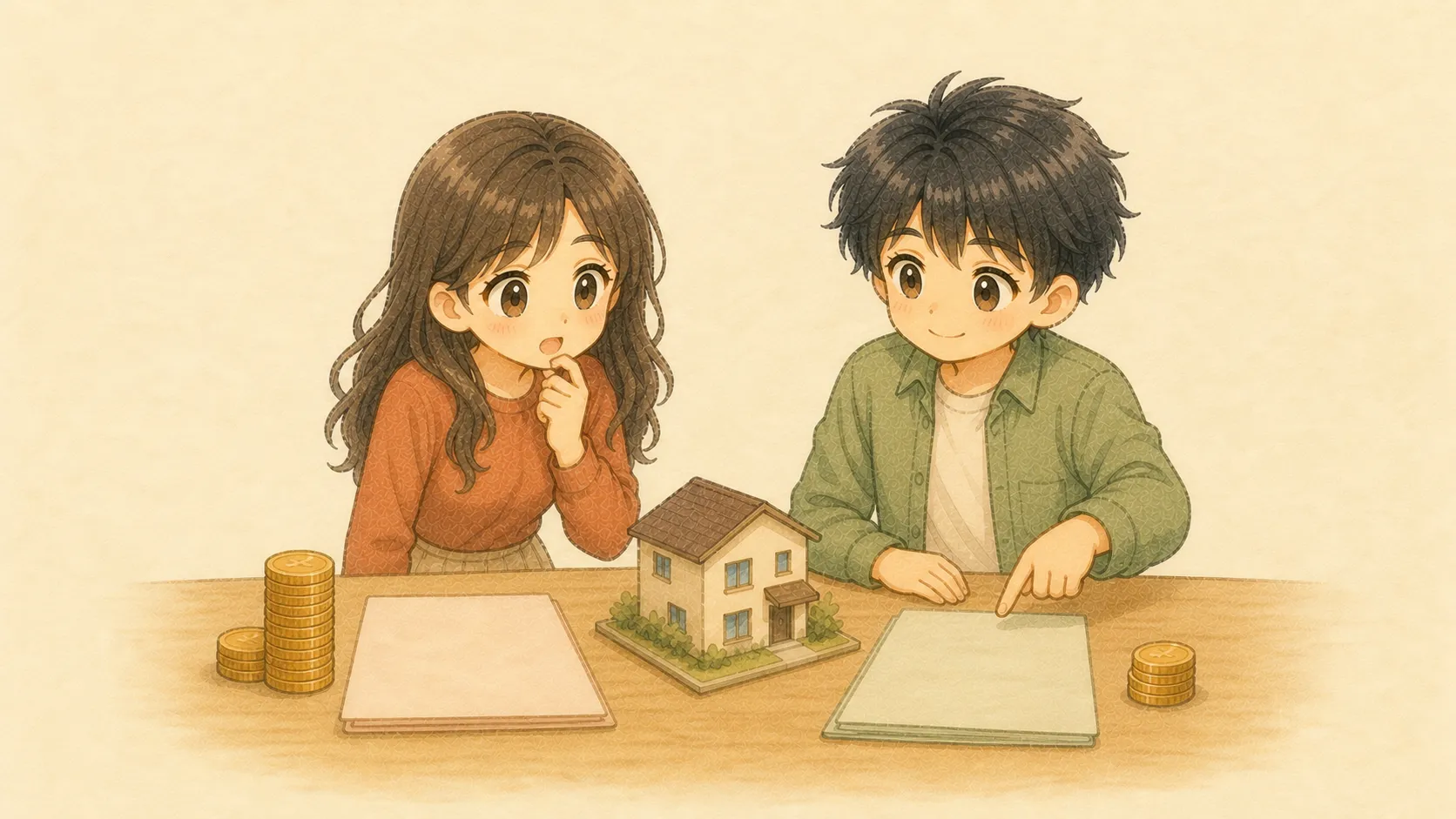 同じ賃貸物件の二つの見積もりと費用差を比べるKとUの水彩イラスト