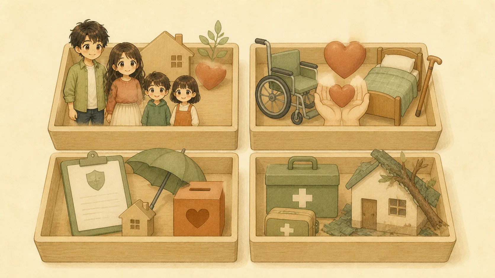 16種類の所得控除を4つの箱に分けて整理する水彩イラスト