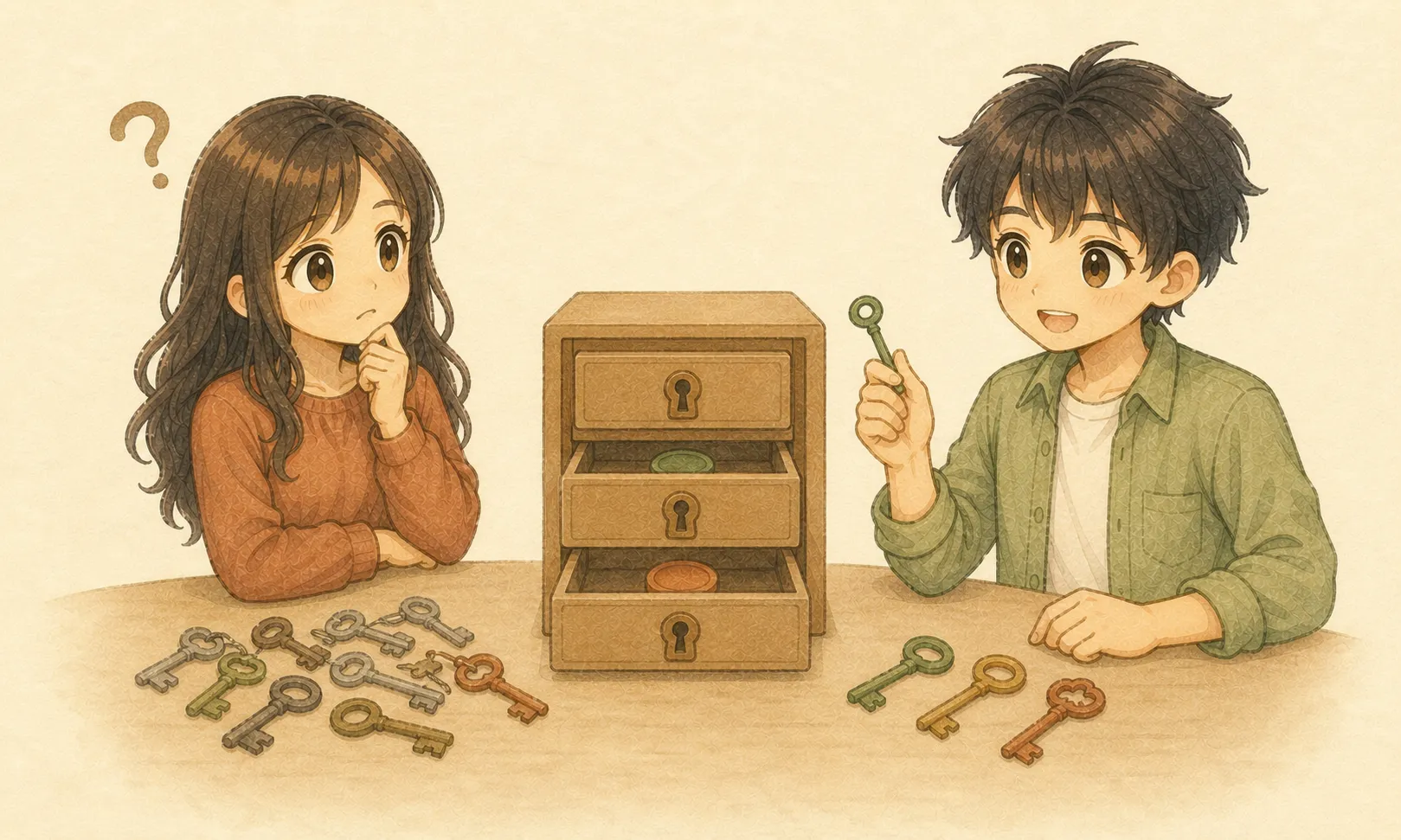 KとUが限られた控除の引き出しを確認する水彩イラスト