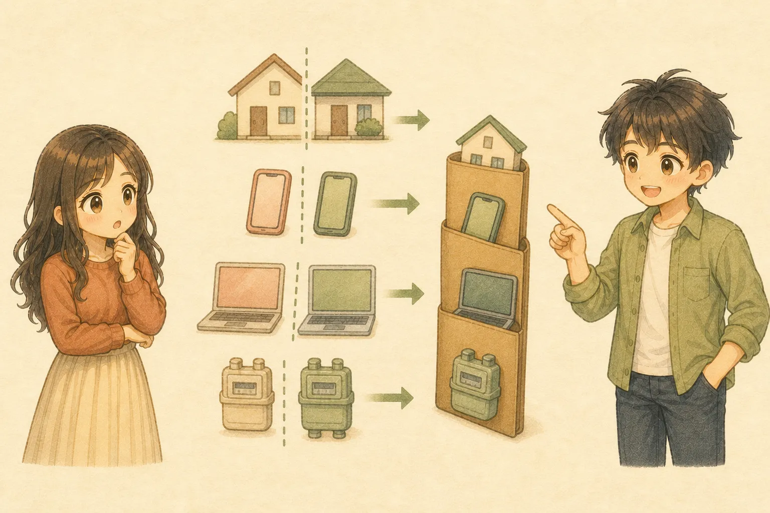 自宅家賃やスマホ代を仕事分と私生活分へ分けるKとUの水彩イラスト