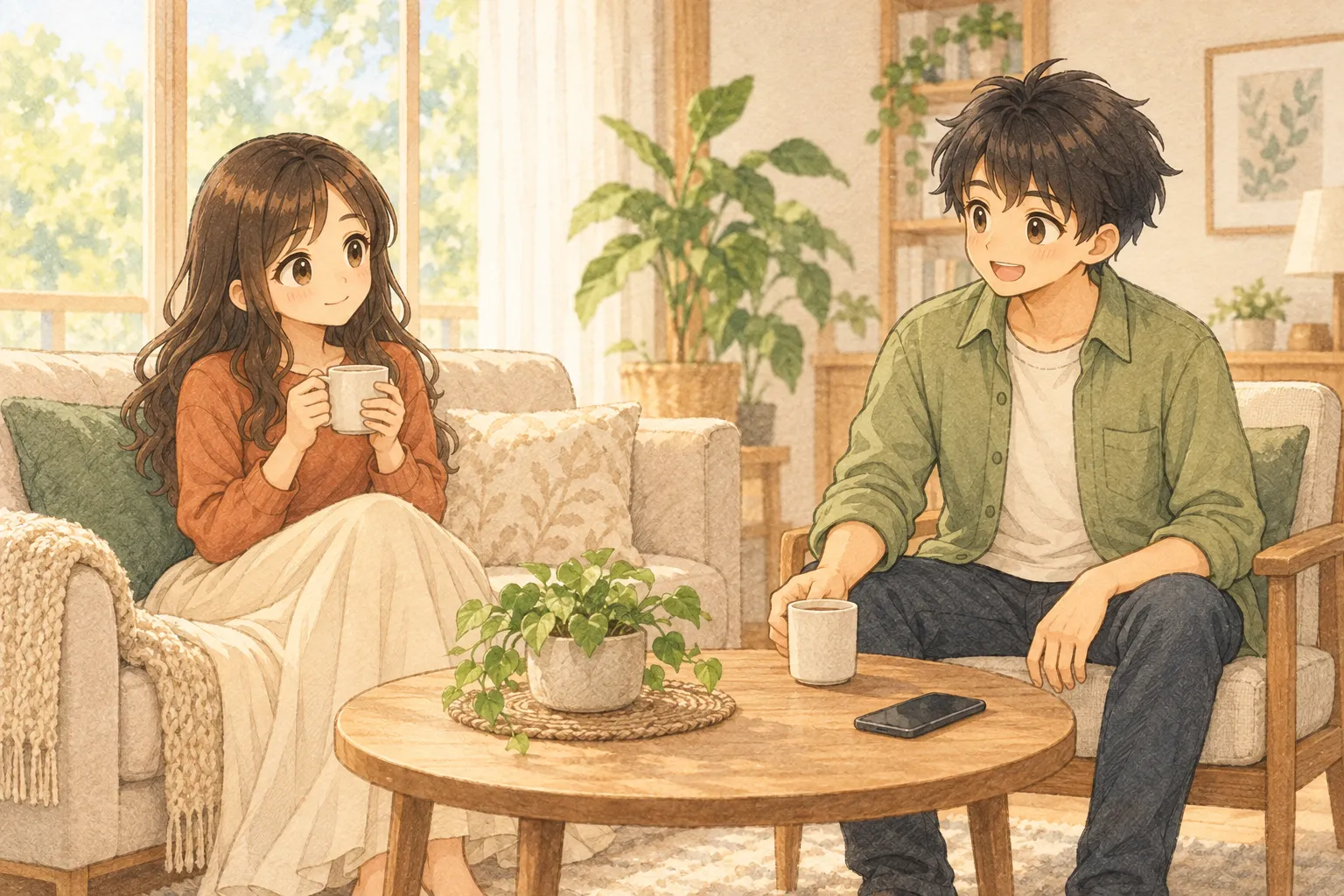 スマホを机に置き、飲み物を手にくつろぐKとU