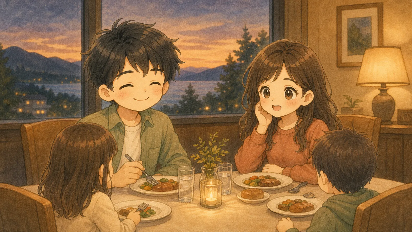 旅先の食卓で家族との会話と記憶を増やすKとUの水彩画