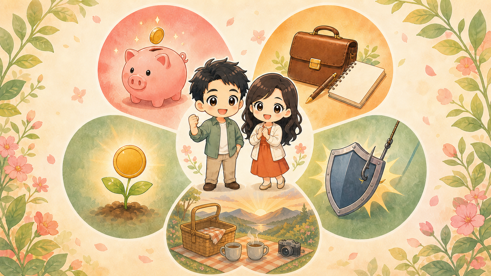 夫婦を中心に、貯金箱、仕事道具、育つ資産、盾、旅の体験が五つの花びらに描かれたイラスト