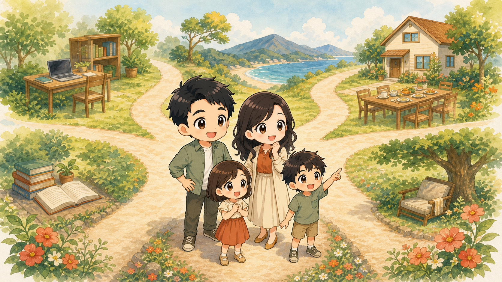 夫婦と息子、娘の4人家族が、仕事、学び、旅、団らん、休息へ続く道を選ぶイラスト
