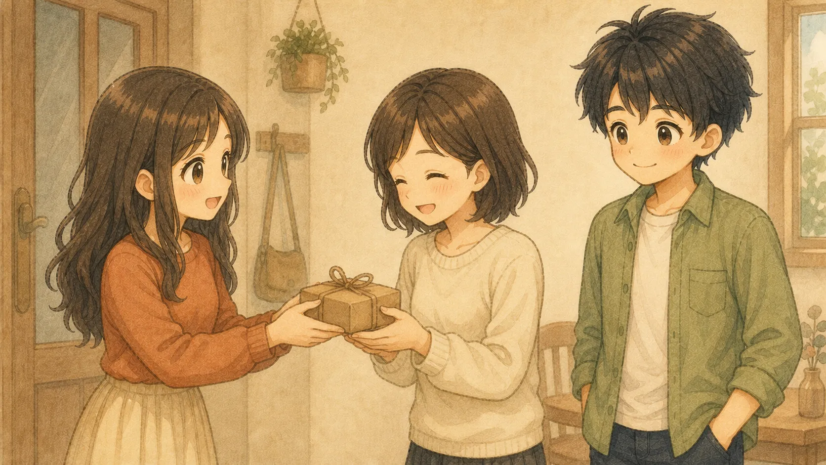 相手を思って選んだ小さな贈り物を友人へ手渡すUと見守るKの水彩画