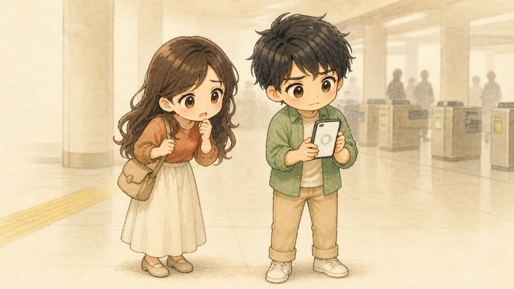 博多駅でスマホ画面が読み込めず困った体験を描いたKとUのイメージイラスト