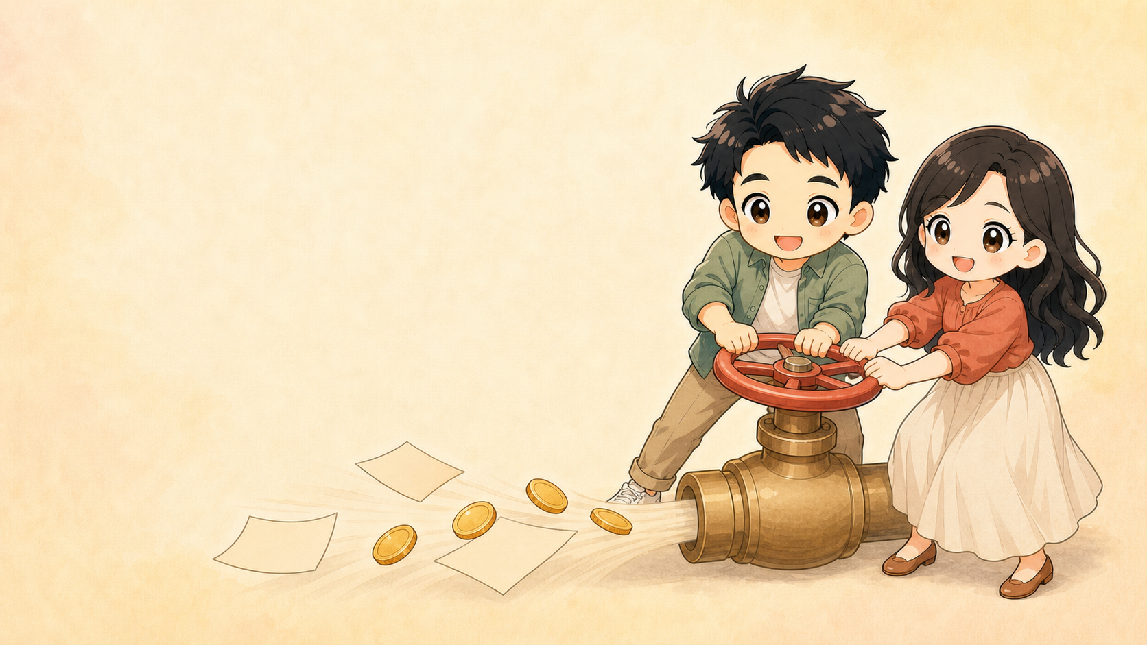 大きな固定費の蛇口を締め、家計に余白をつくるKとUのイラスト