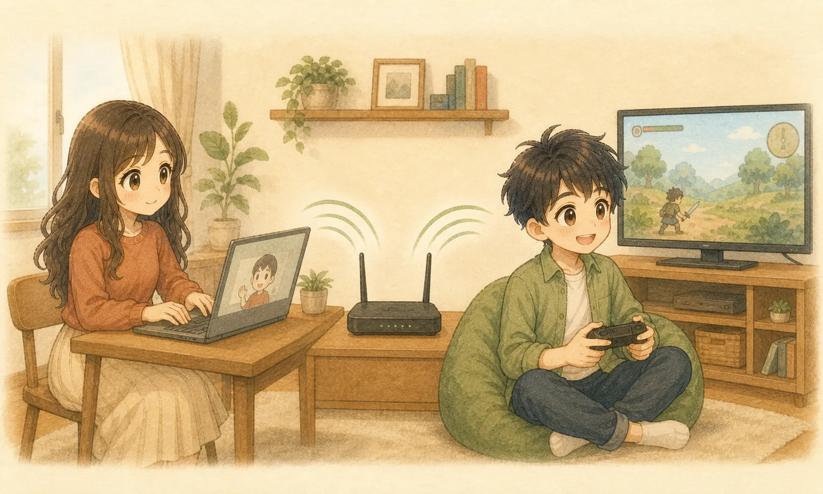 家の中でビデオ通話とオンラインゲームを同時に使うKとU