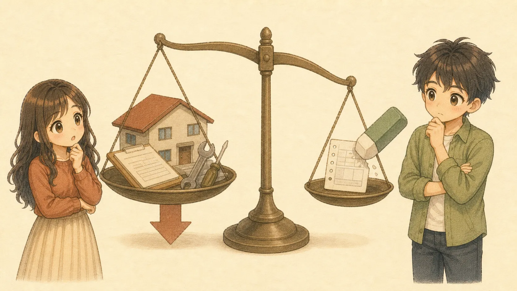 KとUが住宅ローン控除と物件価格・資産価値を秤で比べるイメージ