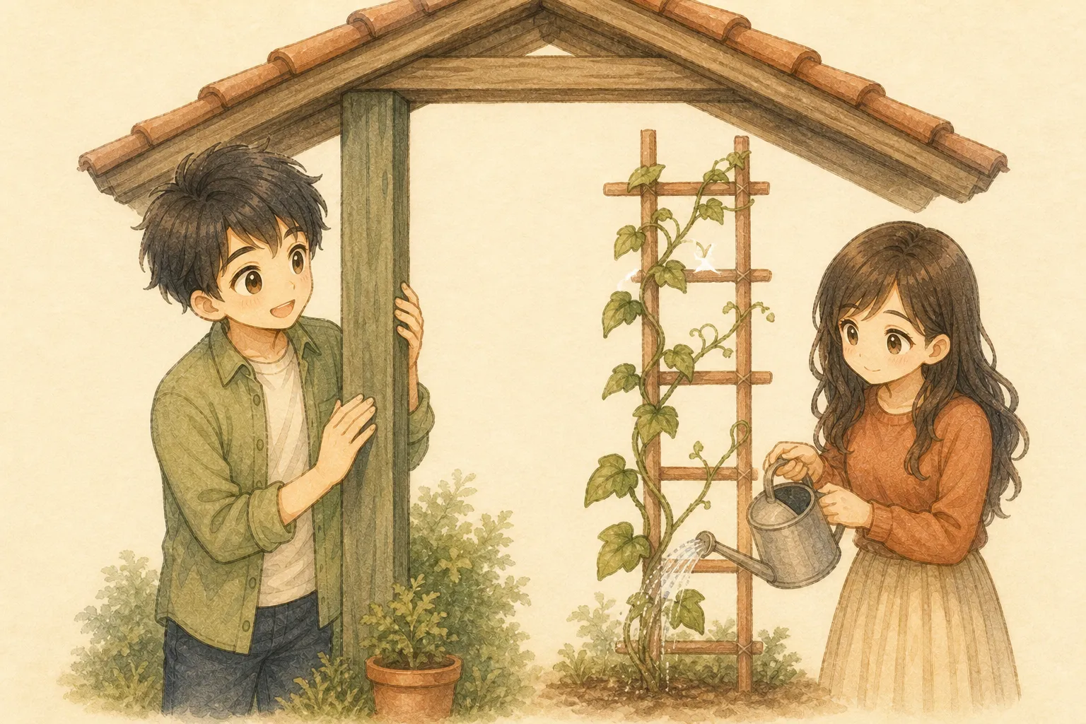 家を支える堅い柱と横で育つ植物の柱をKとUが見比べる水彩イラスト