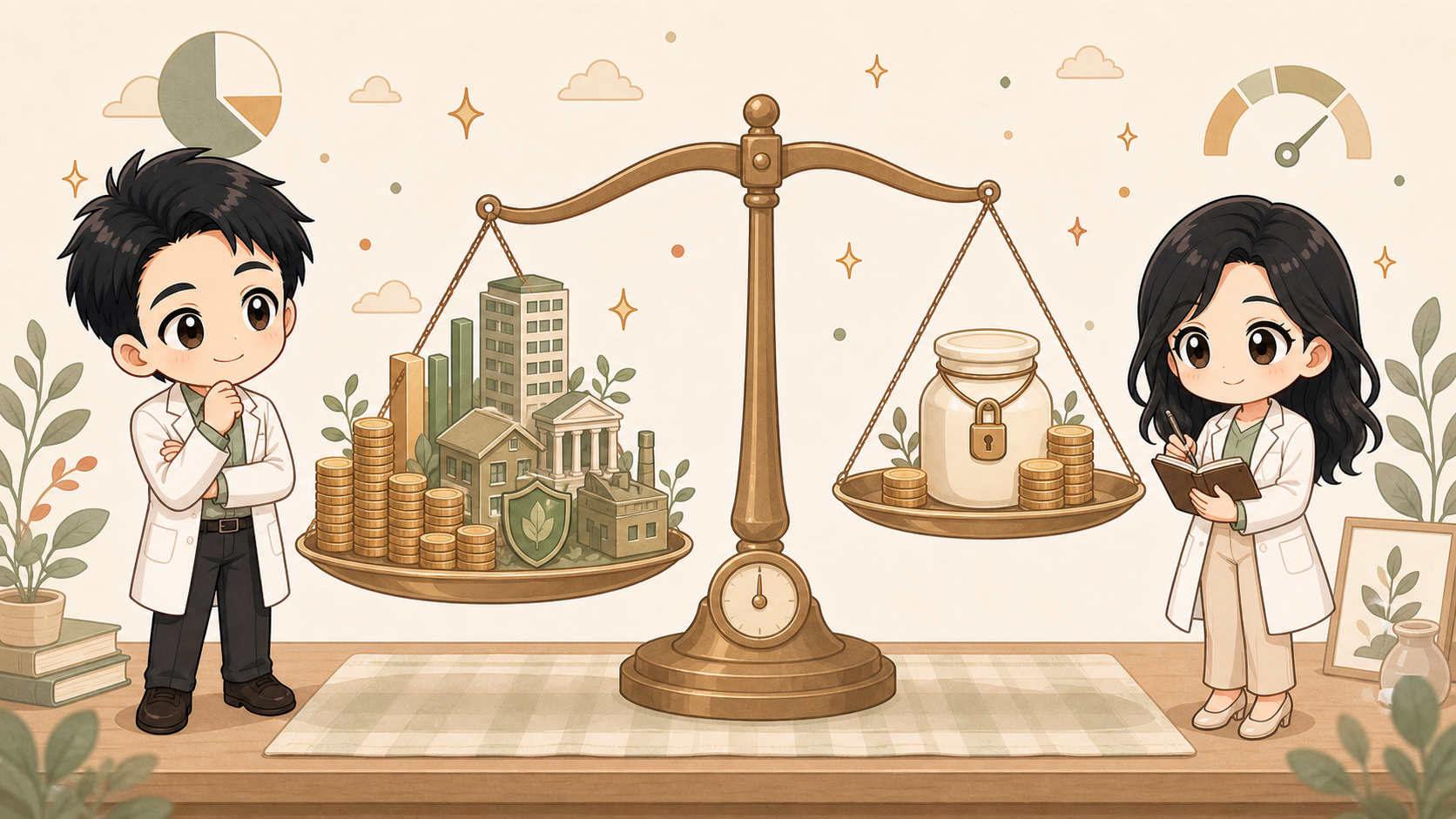 投資資産と現金のバランスを夫婦で確認するイラスト