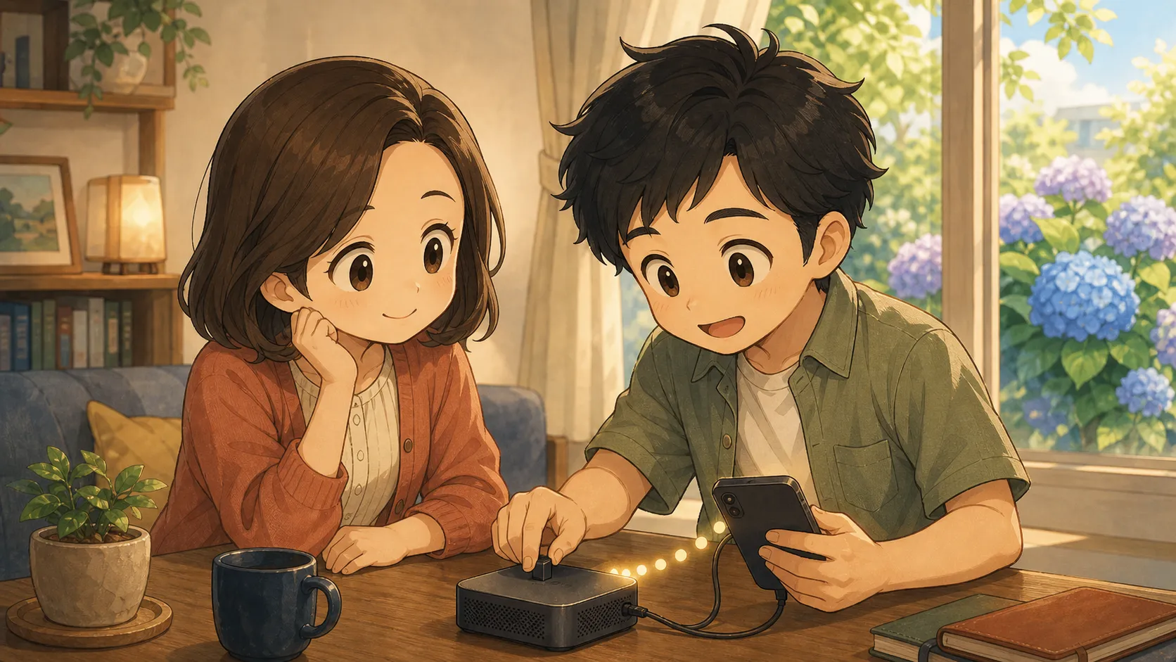 スマホとデスクトップの連携を確かめる夫婦のイメージイラスト