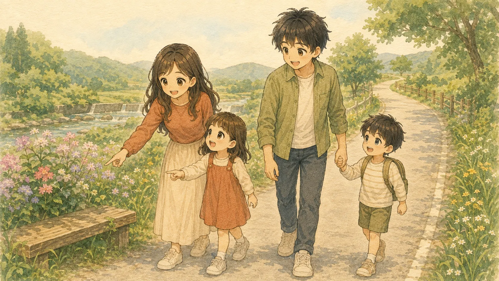曲がる道の途中で小さな景色を楽しむKとUと家族の水彩画