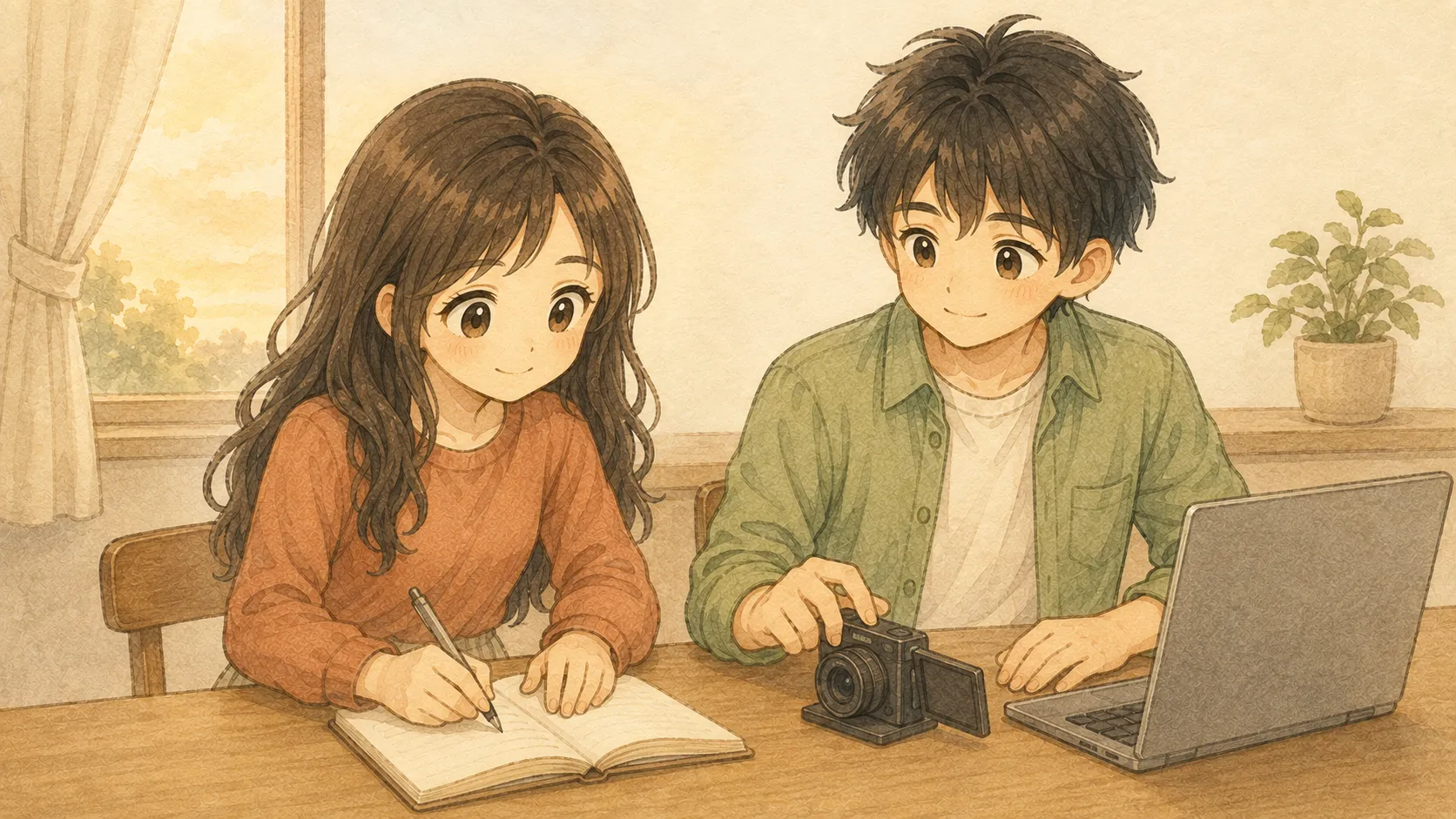 迷ったことをノートへ残し次の選択肢につなげるKとUの水彩画