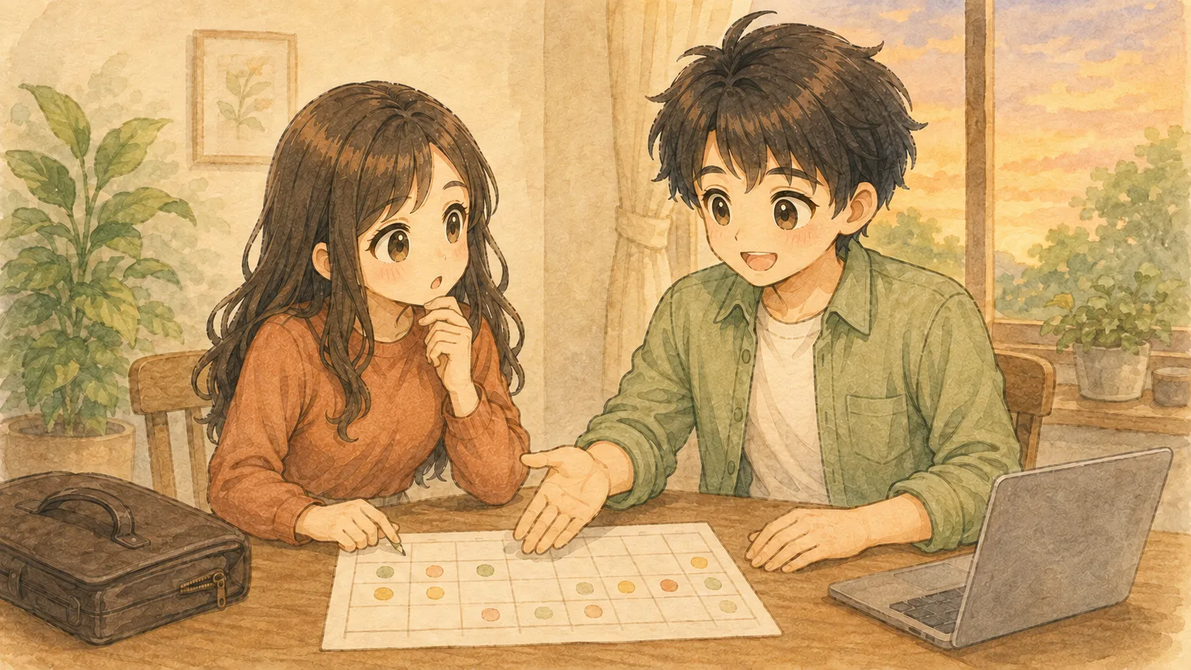 予定表を前に働く日と家族の時間を相談するKとUの水彩画