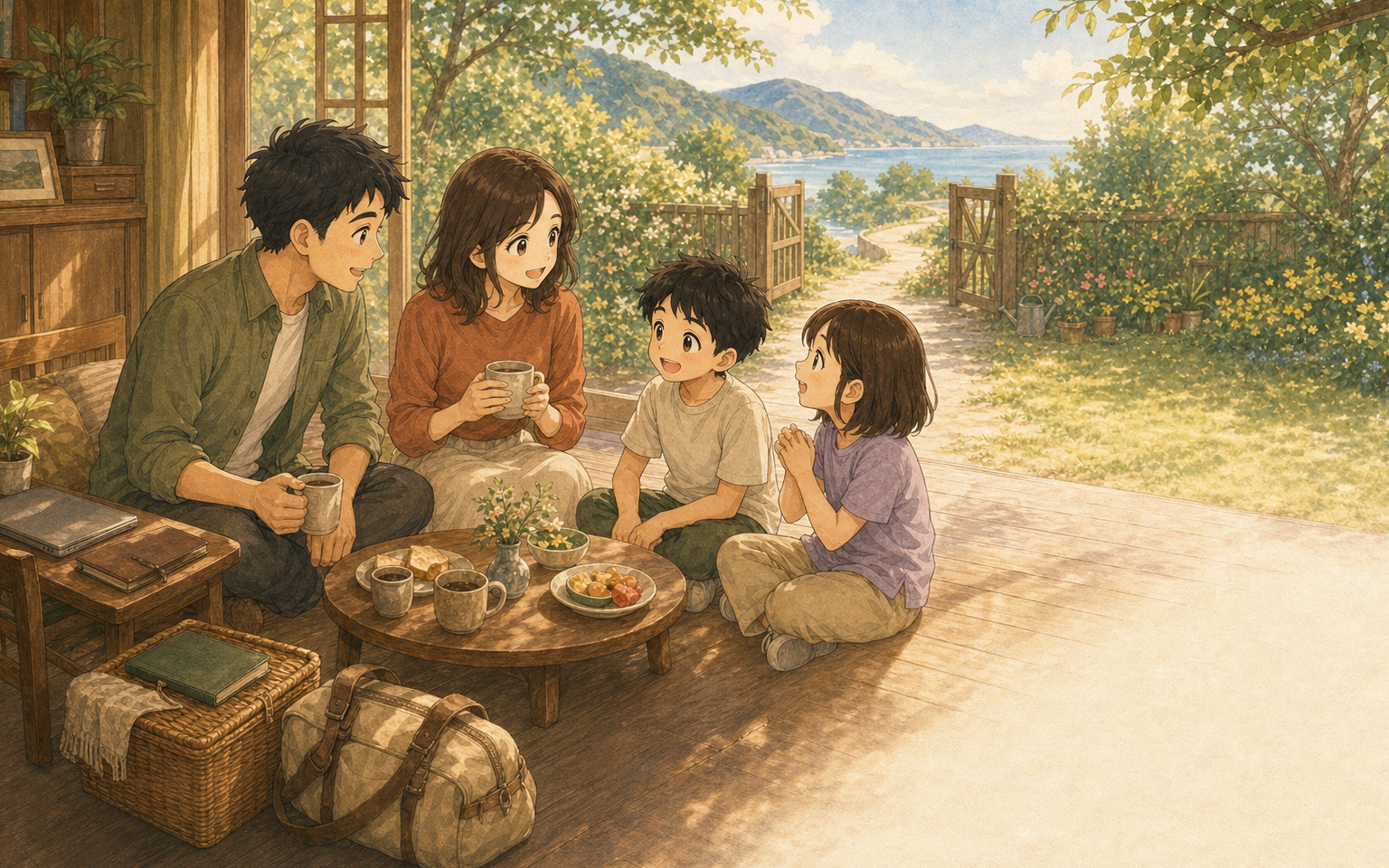 経済的自由を得た朝、海と山へ続く道を前に今日の過ごし方を話す4人家族の水彩イラスト