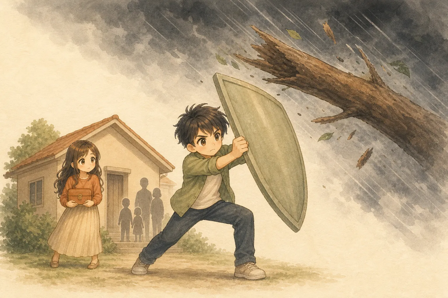 大きな倒木を盾で受け止めるKと、住まいの前で生活資金を守るU