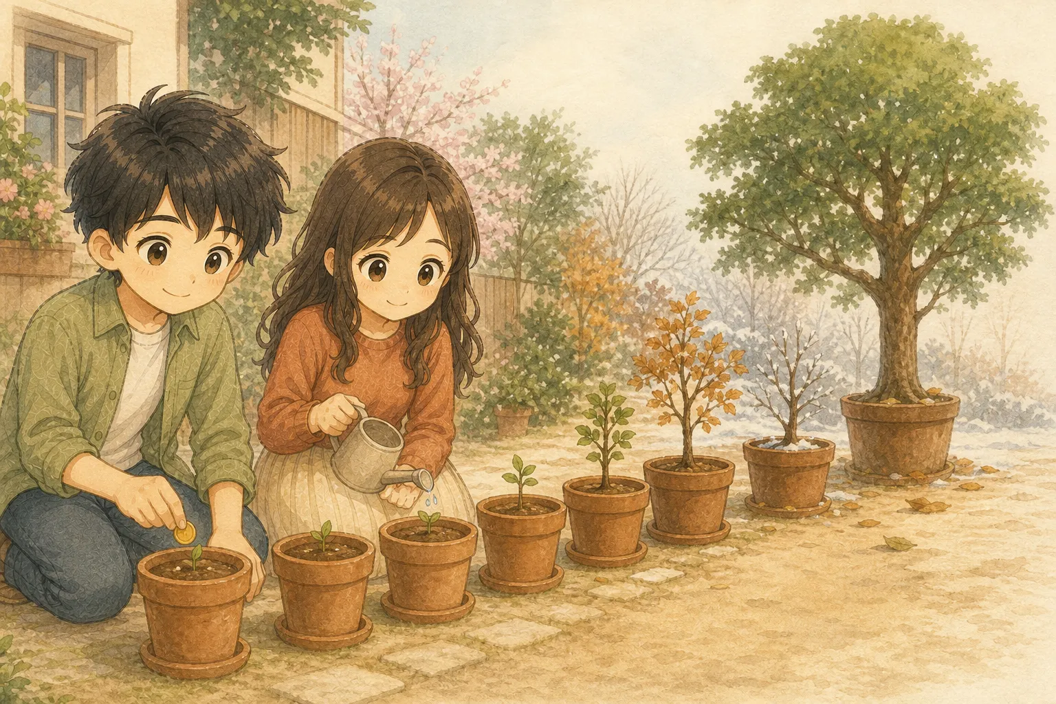 KとUが小さな苗へ毎月水を注ぎ、30年後の木を見上げる水彩画