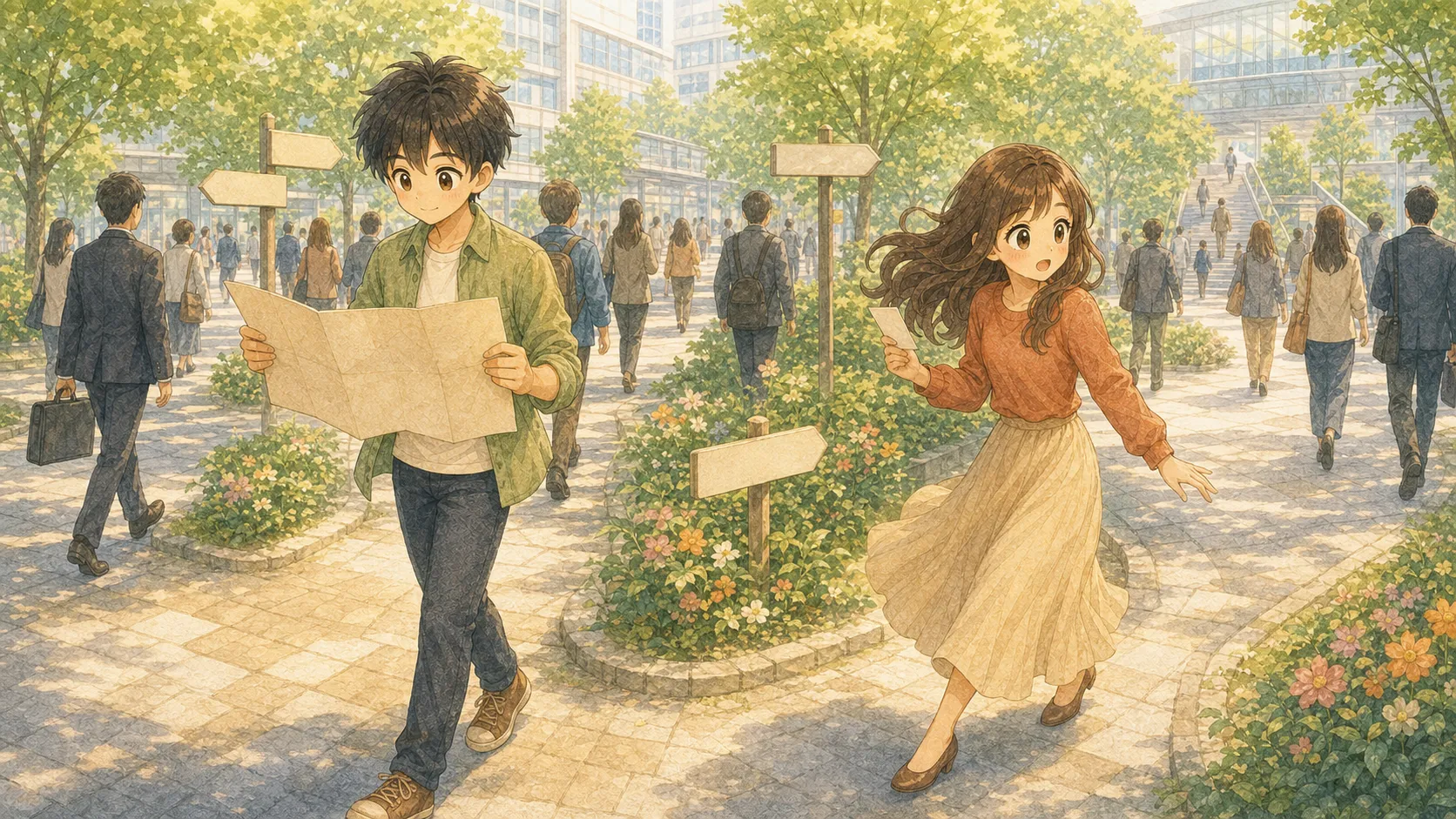 多くの人が行き交う仕事の分岐で経路図を見るKとU