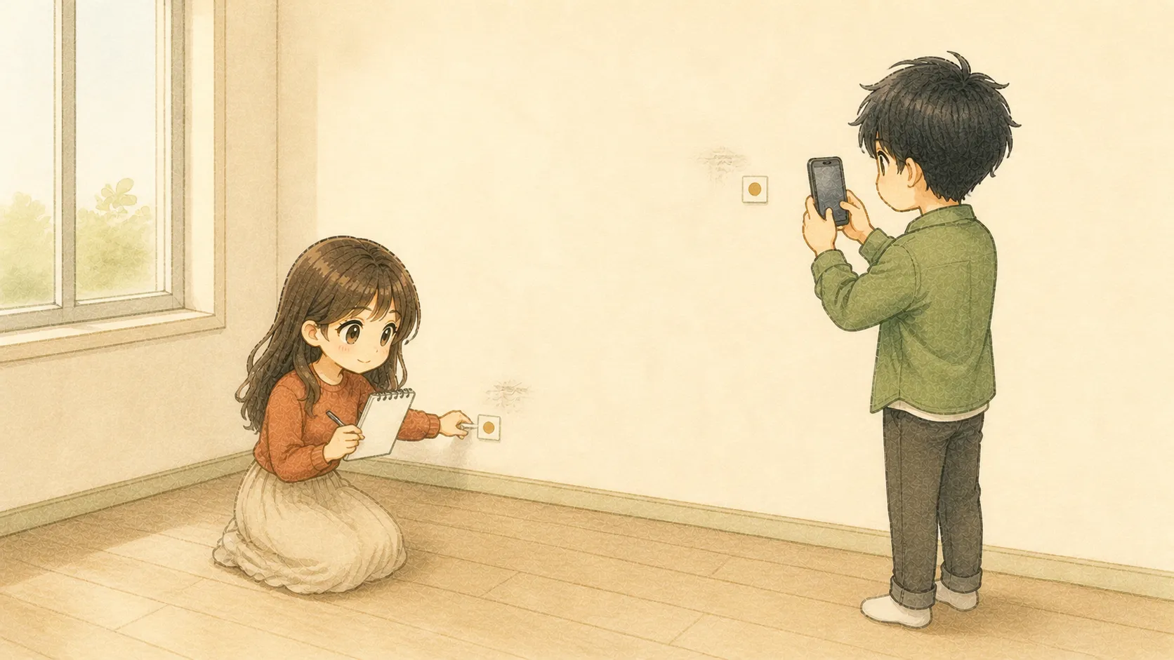 賃貸の床の傷を写真と書面で記録するKとUの水彩イラスト