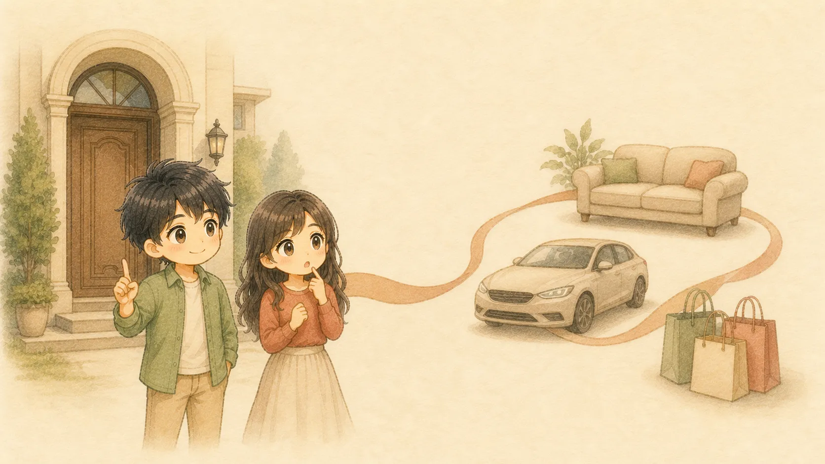 高い家賃から家具や車や買い物へ支出が連鎖する様子を見るKとUの水彩イラスト