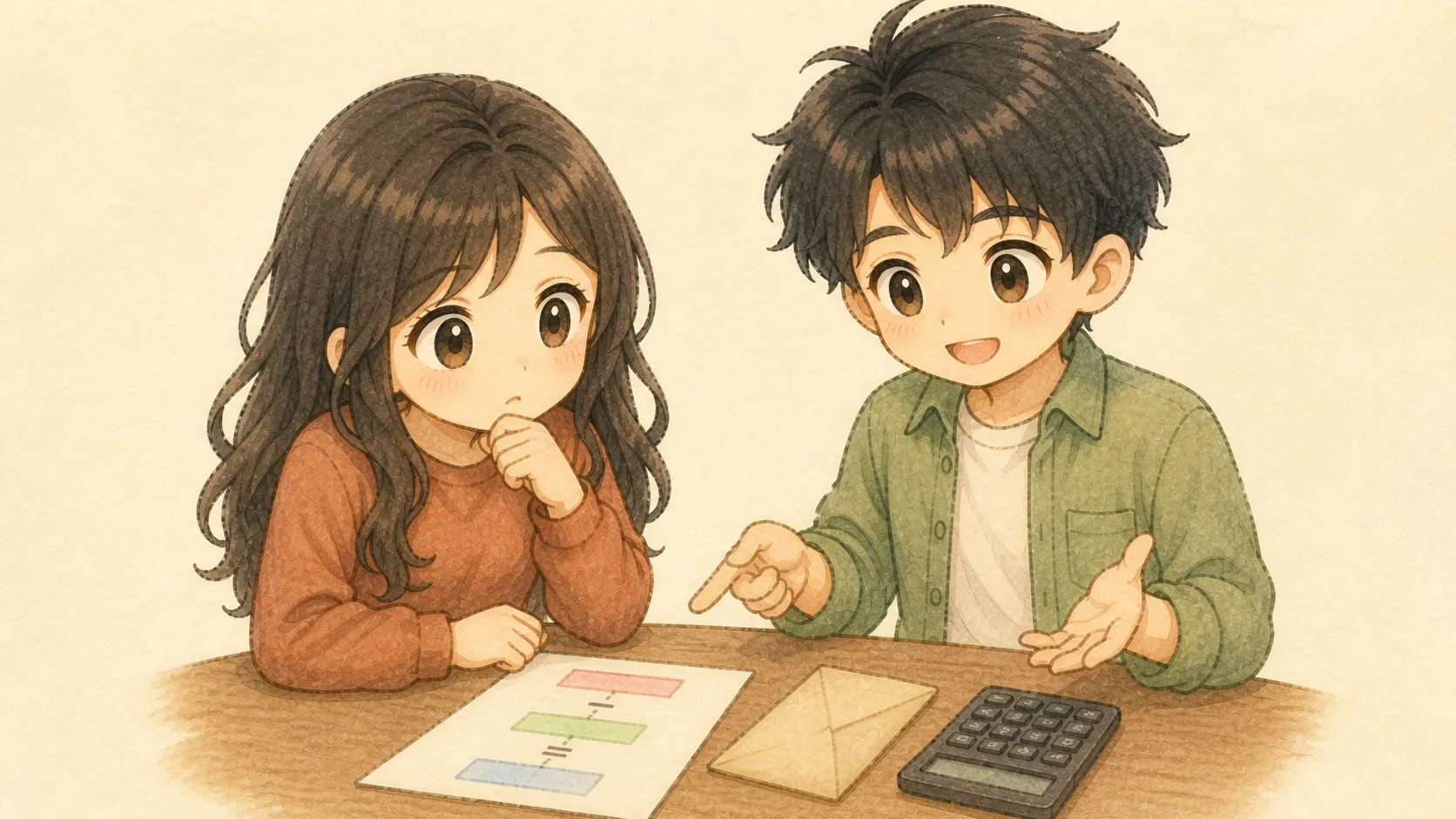 KとUが保険金の差し引き範囲を確認するイメージ