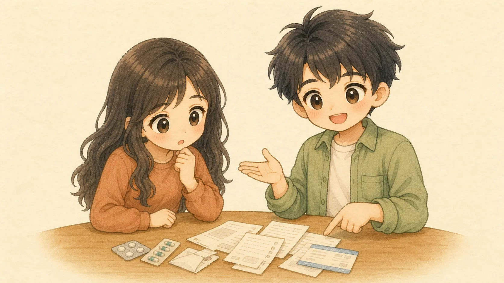 KとUが診療費・薬・交通費の記録を仕分けるイメージ