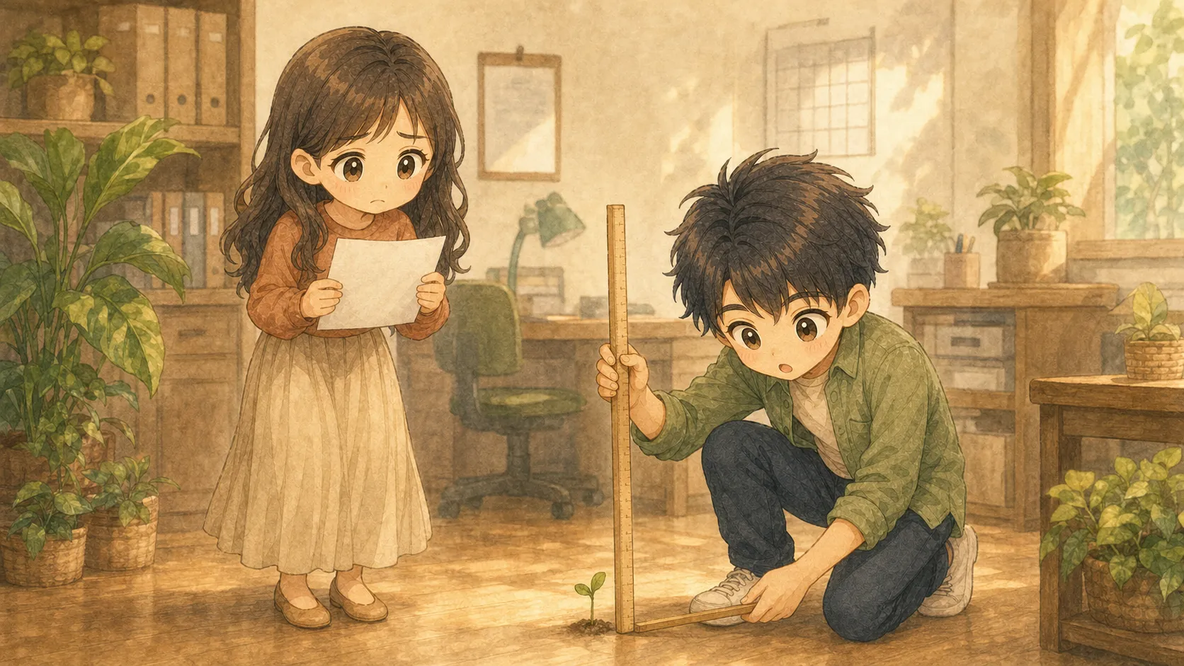 小さな昇給の芽と長い物差しを比べるKと給与明細を見るU