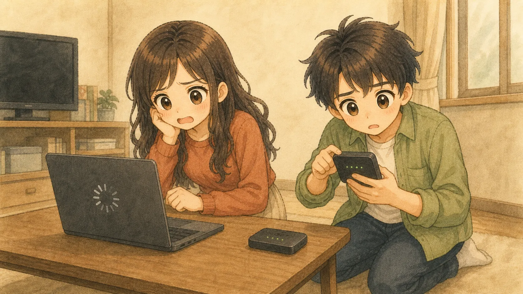 以前の回線で動画が止まり困っていたKとUの体験イメージ