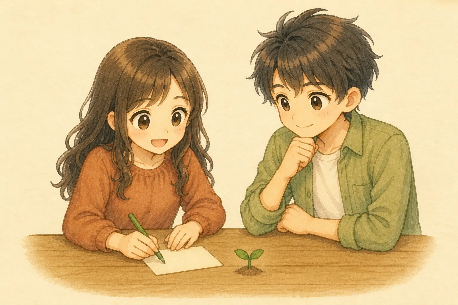 KとUが机の上の一枚のメモへ得意なことを書き小さな芽を育てる水彩イラスト