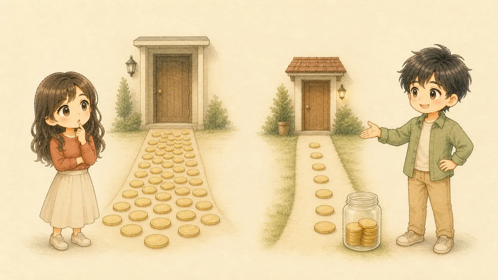 払える家賃とお金が残る家賃を比べるKとUの水彩イラスト