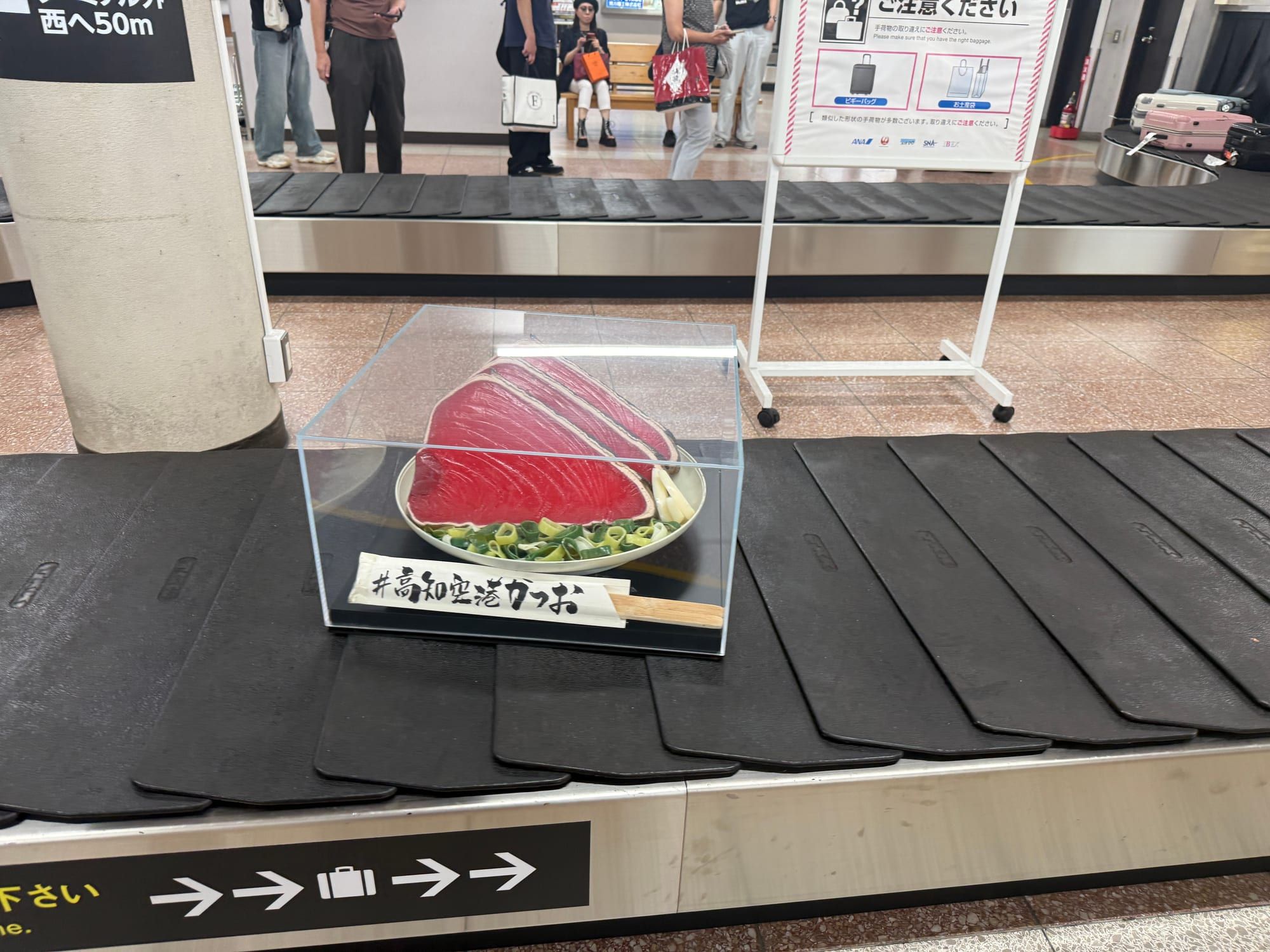 高知龍馬空港の手荷物受取ベルトに置かれたカツオのたたきの模型