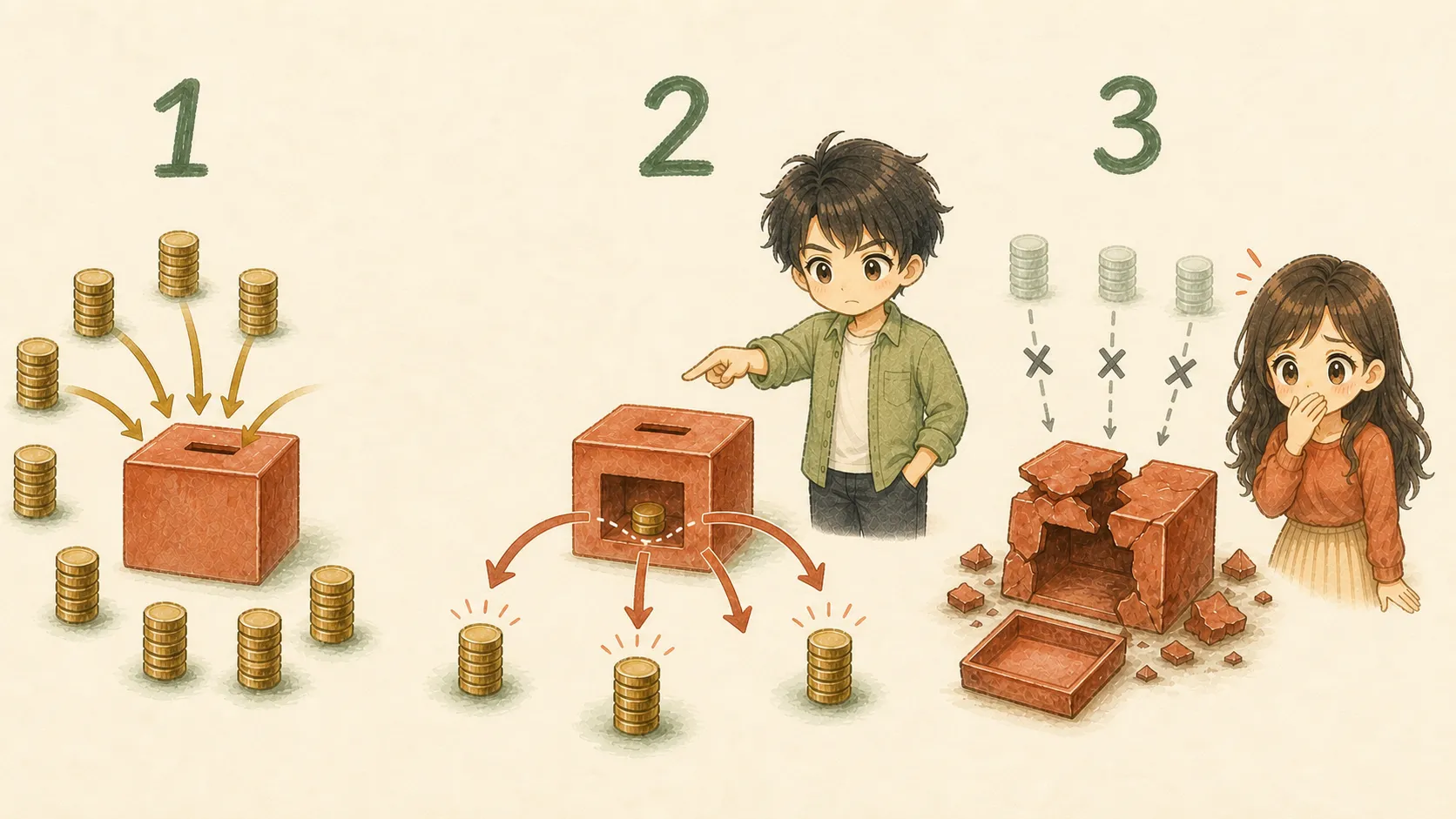 新しい参加者のお金が先の参加者へ流れ、Kが説明しUが崩壊に気づくポンジスキーム図