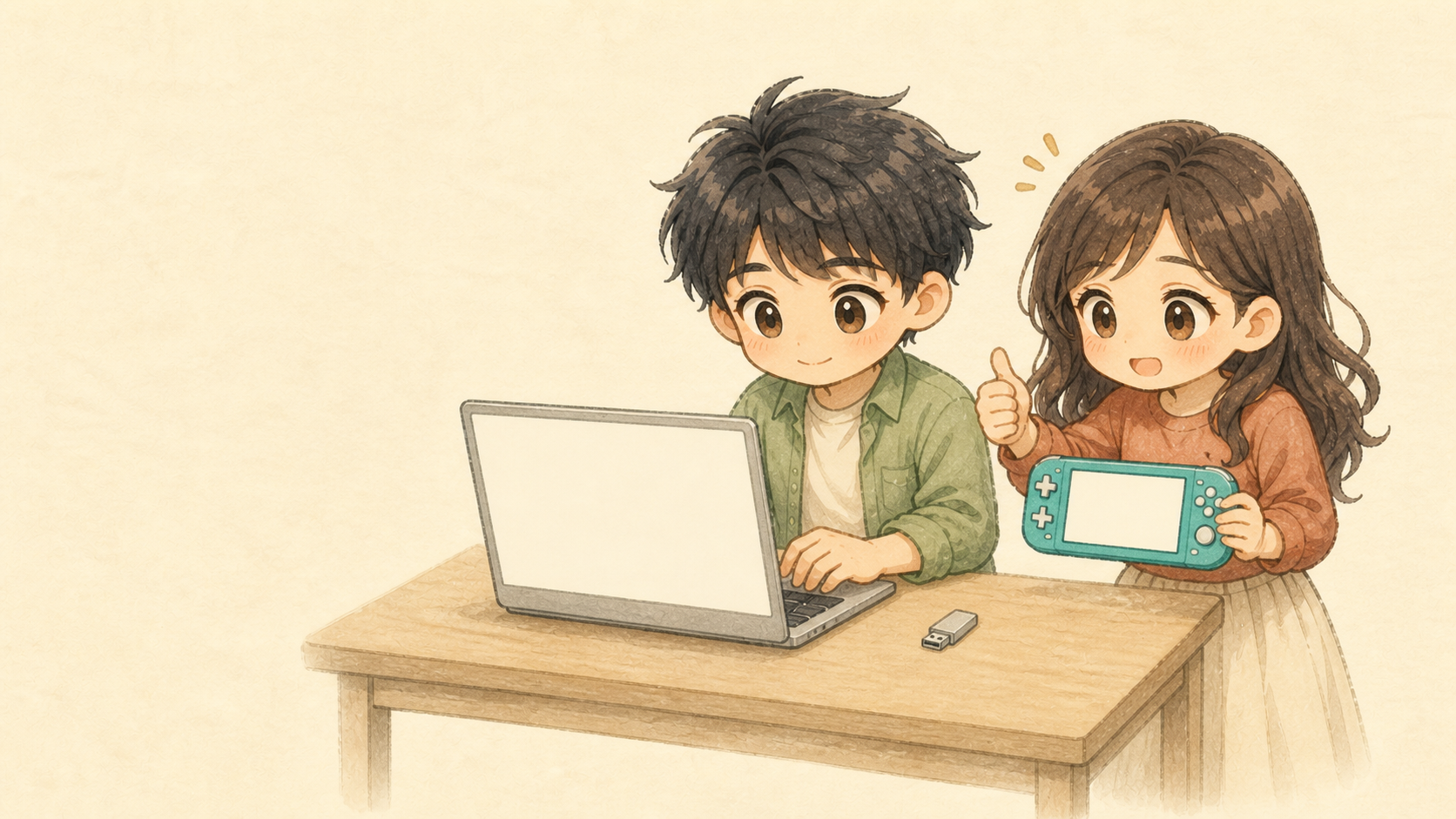 Kがノートパソコンの必要なデータをUSBへ保存し、Uが初期化後の携帯ゲーム機を確認するイラスト