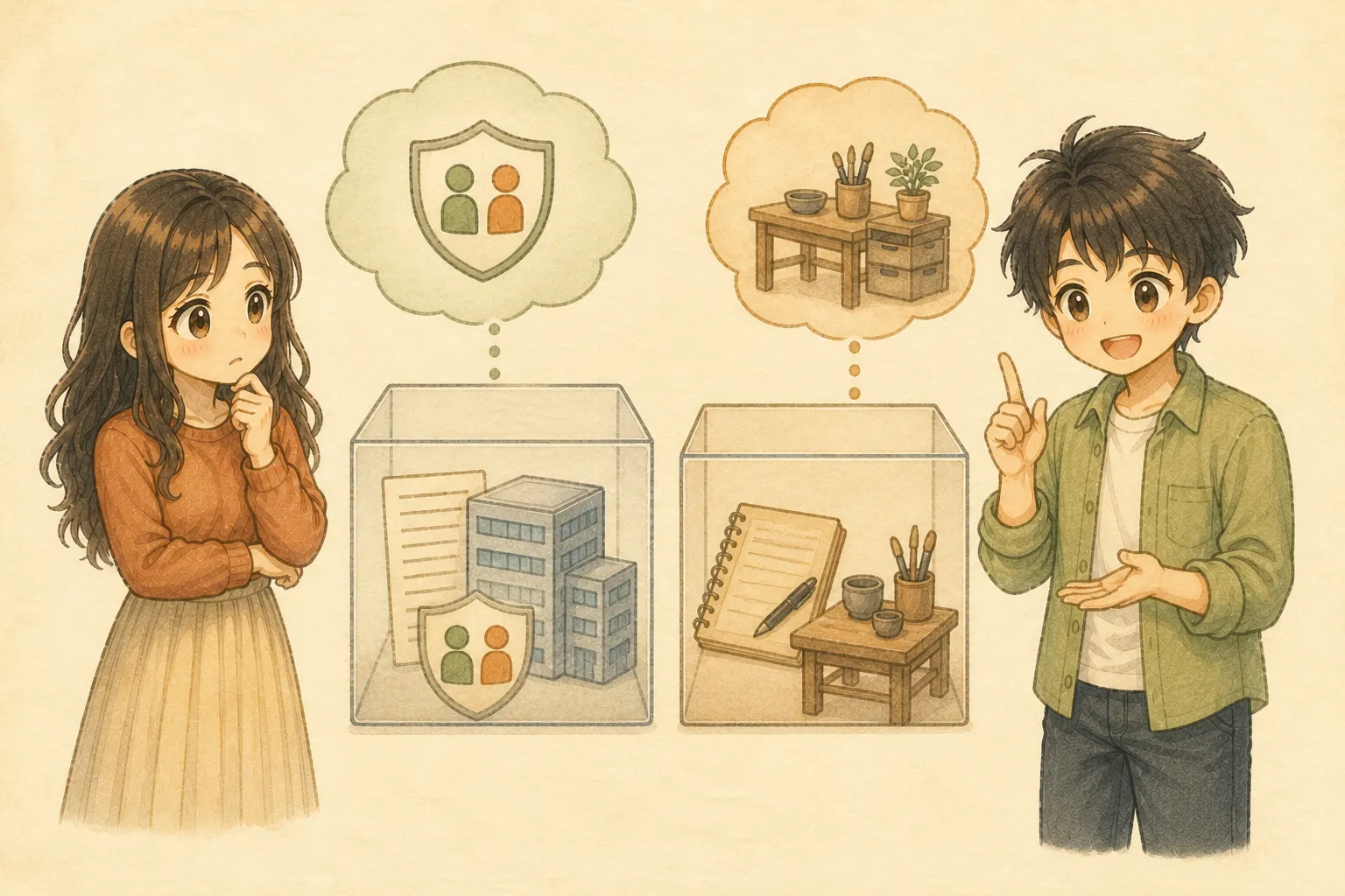勤務先の給与明細と個人副業の帳簿を別の箱で確認するKとUの水彩イラスト
